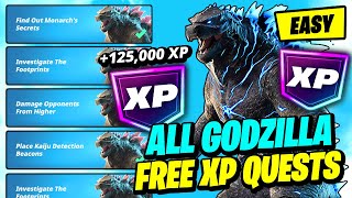 ALL Fortnite X GODZILLA XP Quests \u0026 Free Rewards - How to Complete ALL Godzilla Level Up FAST!!