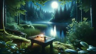 A peaceful lake at night, gentle water sounds, frogs, wind in the leaves, relaxing sounds for sleep