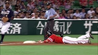 【プロ野球パ】吉村の好走塁から、鶴岡が適時打も吉村は負傷！？ 2014/07/09 H-Bs