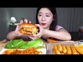 asmr mukbang sweet potato cheese sticks u0026 hamburgers u0026 spicy fire chicken noodles buldak ramen