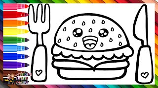 Disegnare e Colorare un Gustoso Hamburger 🍔🍴🌈 Disegni per Bambini