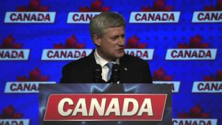 Conservative Leader Stephen Harper addresses his supporters in Calgary