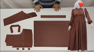 تفصيل وخياطة فستان عباية بقصة تحت الصدر موديل جديد بالكم المنفوخ dress cutting and stitching Abaya