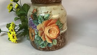 Pote de vidro de Palmito com craquelê rustico e decoupage perfeita que parece Pintura