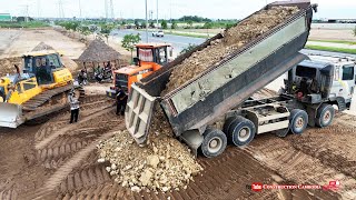 Impressive Skills Massive Dump Truck Dumping Stones-Sand with Big Bulldozer Pushing Sand Filling