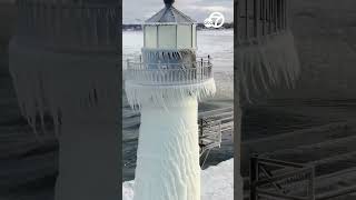 Beautiful icicles form on Lake Michigan lighthouse