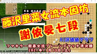 [囲碁 AI 評価値 棋譜]   藤沢里菜女流本因坊  vs 謝依旻七段 フマキラー囲碁女流ブレーンズマッチ準決勝2021年11月13日(土)/家のKatagoさんに聞いてみたグラフだけても面白い。