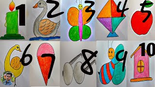 number drawing for kids | How to draw using Numbers 1-10 | Easy number drawing