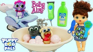Disney Jr Puppy Dog Pals Get Bubble Bath and Hair Grooming from Baby Alive Salon!