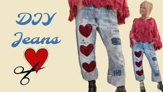 How To Upcycle An Old Pair Of Jeans / Heart Appliques Bleaching Patching Distressing