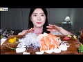 fume asmr 2.0 mukbang made salmon cake for my bday♡ raw salmon sashimi u0026 salmon noodles u0026 rice bowl