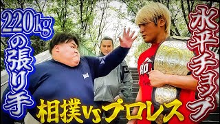 【坂口4m吹っ飛ぶ】プロレスヘビー級王者の「水平チョップ」vs 220Kg力士の「張り手」どちらが強い？