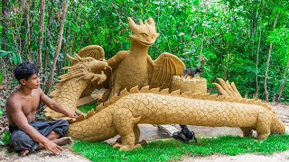Build An Amazing Toothless & The Great Dragon King For Several Puppies Around Fish Pond