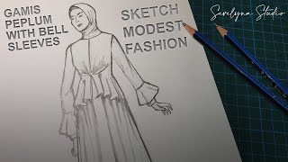 MENGGAMBAR DESAIN BAJU GAMIS PEPLUM DENGAN LENGAN LONCENG UNTUK PEMULA | MODEST FASHION ILLUSTRATION