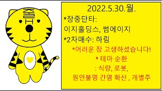 2022.5.30.월. 이번 주도 파이팅 입니다~ 👍👍 미국 물가 정점 확인, 환율 하락, 중국 봉쇄 해제 소식에 국장이 상승 했네요~ 😍😍 내일 장도 좋기를 바래봅니다~ 🎵🎶