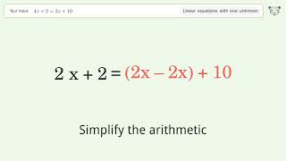 Linear equation with one unknown: Solve 4x+2=2x+10 step-by-step solution