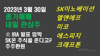 3.30(목) 내일 관심주(SK이노베이션 / 엘앤에프 / 미코 / 에스피지 / 크래프톤)