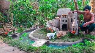 Building Dog Castle For Rescued Puppies Use Waste Bamboo As A Waterwheel For Puppy & Fish Pond