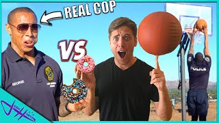 CHALLENGING POLICE OFFICER TO 1v1 BASKETBALL! *Score A Point, Eat A Donut*