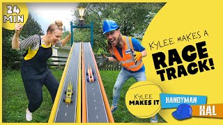 Kylee Makes a Race Track | Handyman Hal and Kylee Build a Racecar Track and Race Toy Cars for Kids