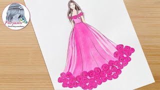 How to draw a girl with beautiful dress || Easy Drawing tutorial | Acrylic painting with Cotton buds