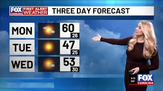 Clouds and scattered showers Monday morning ahead of cold front