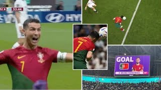 Cristiano Ronaldo celebrates giving Portugal the lead, but stadium announcer gave Bruno Fernandes...