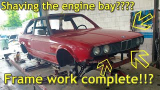 Building an e30 m3 conversion part 16: Frame work is done!! Engine bay shaving started!