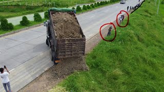 Amazing New Landfill Task! Dozer Komatsu D37P Pushing Soil with Dump Truck 5Ton!