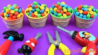 M&M's Peanut Chocolate Ice Cream Cups Surprise Eggs Kinder Joy Mickey Mouse Tool Toys Fun for Kids
