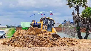 Great Team Work! Full video 3H Land fill up Processing Dump truck with DOZER SHANTUi Push soil clear