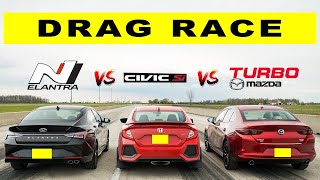 Mazda3 Turbo Races Hyundai Elantra N Line and Honda Civic Si | Drag and Roll Race