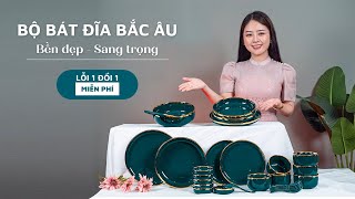 [VIDEO TỰ QUAY] Bộ bát đĩa sứ 32 chi tiết xanh cổ vịt viền vàng phong cách Bắc Âu sang trọng