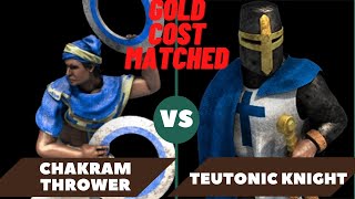 AOE2: 40 ELITE GURJARAN CHAKRAM THROWERS VS 30 ELITE TEUTONIC KNIGHTS. SAME GOLD COST. NO MICROING.