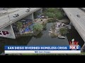 Large homeless camp near Mission Bay below I-5