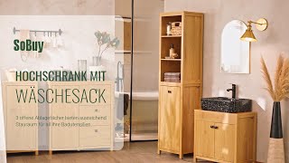 SoBuy Hochschrank mit Wäschesack丨Badezimmer Schrank丨schmaler Badschrank丨Wäscheschrank丨BZR95-SN