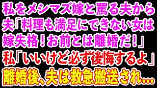 【スカッとする話】私をメシマズ嫁と罵る夫から「料理も満足にできない女は嫁失格！お前とは離婚だ！」私「いいけど必ず後悔するよ」 離婚後、夫は救急搬送され   【修羅場】