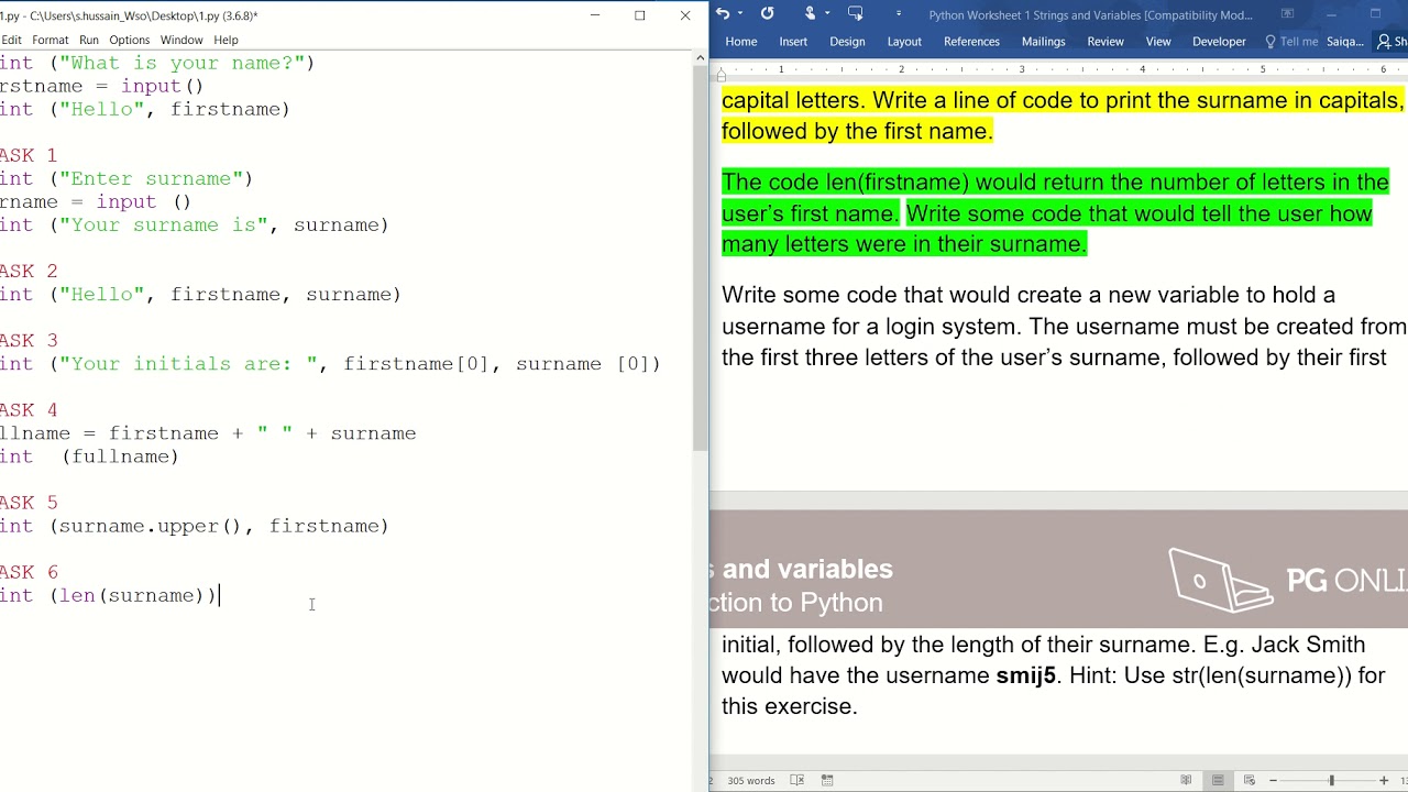 Python Worksheet 1 Strings And Variables Vid3 Youtube