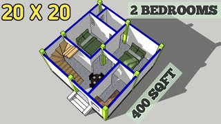 20by20 house plan with 2 bedrooms || 20x20 house plan with 3d elevation || 400 SQFT HOUSE PLAN