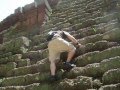 carefully climbing down the stairs of one of the many temples of Angkor Wat...