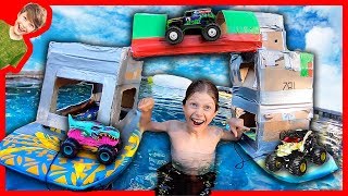 Double Monster Truck Box Fort Boat with Bridge!