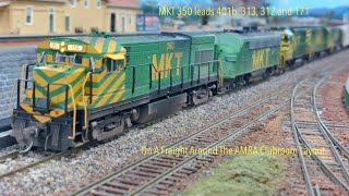 MKT 350 leads 401b, 313, 312 and 171 on a freight around the AMRA Clubroom layout