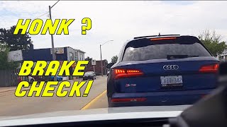 GUY GETS OFFENDED OVER HONK AND BRAKE CHECKS | Road Rage USA \u0026 Canada