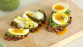 Green Pea Pesto Toasts with Soft Cooked Egg- Healthy Appetite with Shira Bocar