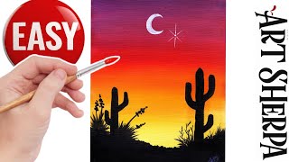 EASY Desert Sunset With Cactus acrylic painting  🌺🌸🌼  Beginner Step by Step The Art Sherpa