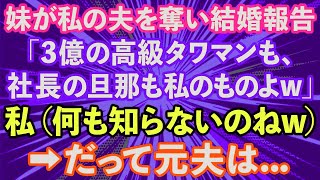 【スカッとする話】妹が私の夫を奪い結婚報告「3億の高級タワマンも、社長の旦那も私のものよw」私（何も知らないのねw）→だって元夫は…【修羅場】