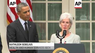 President Barack Obama praised outgoing Health and Human Services Secretary Kathleen Sebelius for he