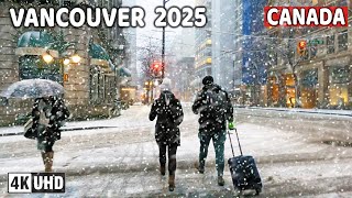 🇨🇦 【4K】❄️❄️❄️ SNOWFALL in Downtown Vancouver BC, Canada.  February 2025.