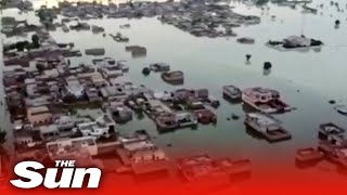 Drone footage shows submerged houses in Pakistan