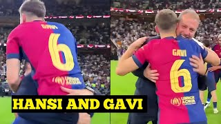 Gavi sprints to Hansi Flick for a heartfelt hug after the final whistle against Real Madrid